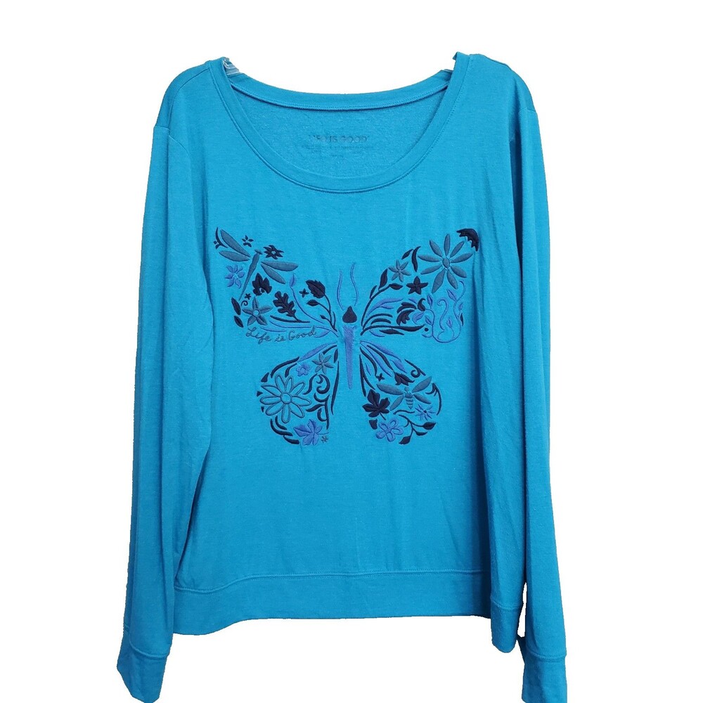 Life is Good Women's Teal Embroidered Butterfly Lightweight Sweatshirt Size LGE